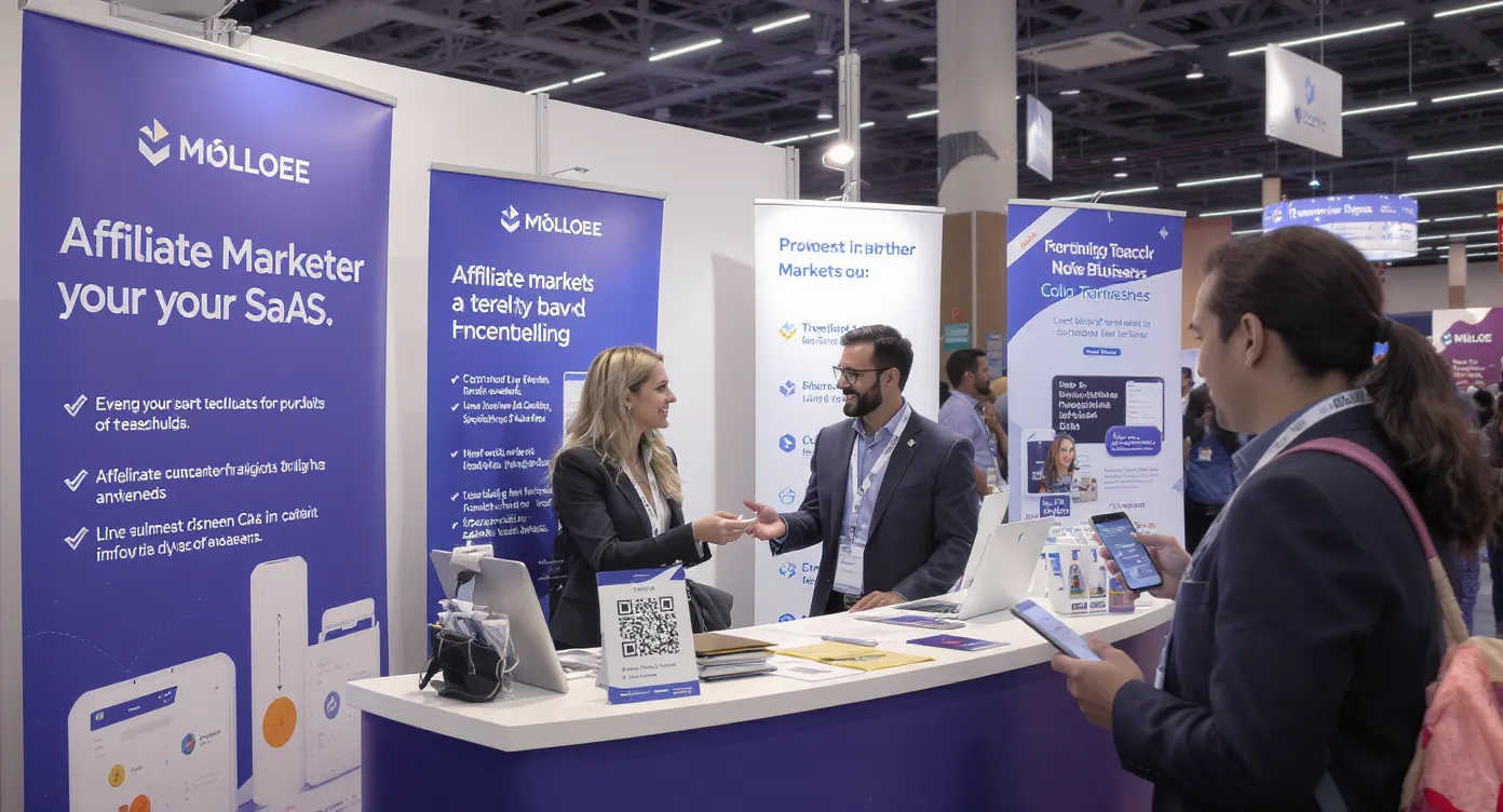An affiliate marketer chats with a partner manager at a trade-show booth surrounded by banners for SaaS products; they exchange business cards while another attendee scans a QR code for an exclusive coupon.