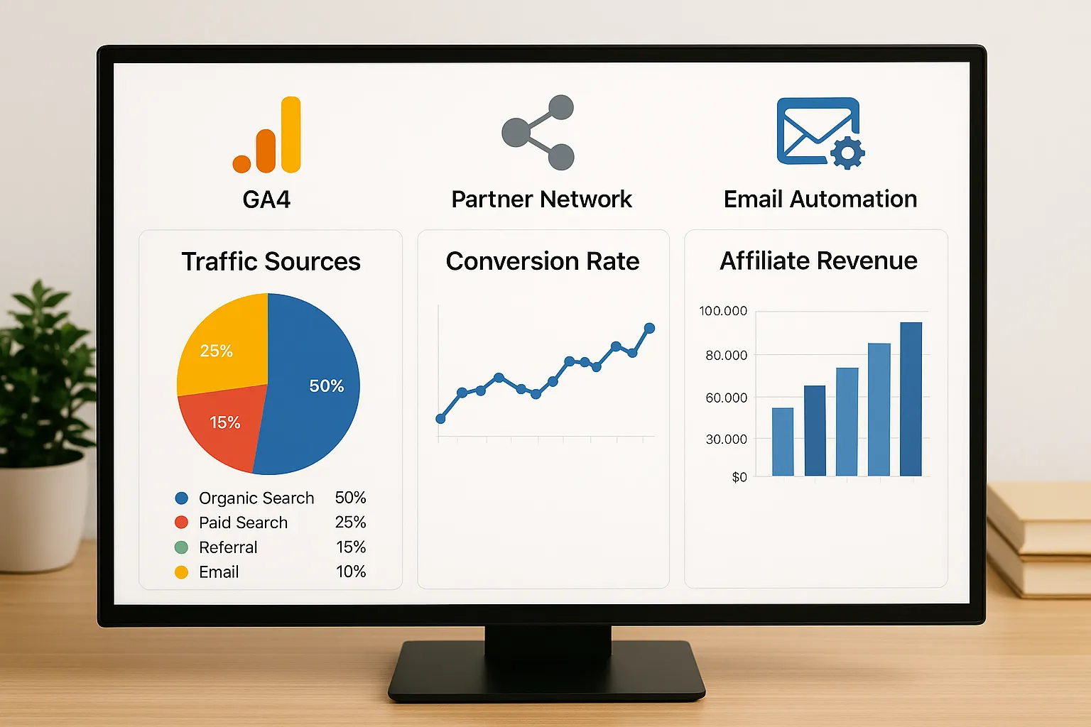 Illustration of an analytics dashboard displaying traffic sources, conversion rates, and affiliate revenue trends over time, with icons representing GA4, a partner network, and email automation tools.