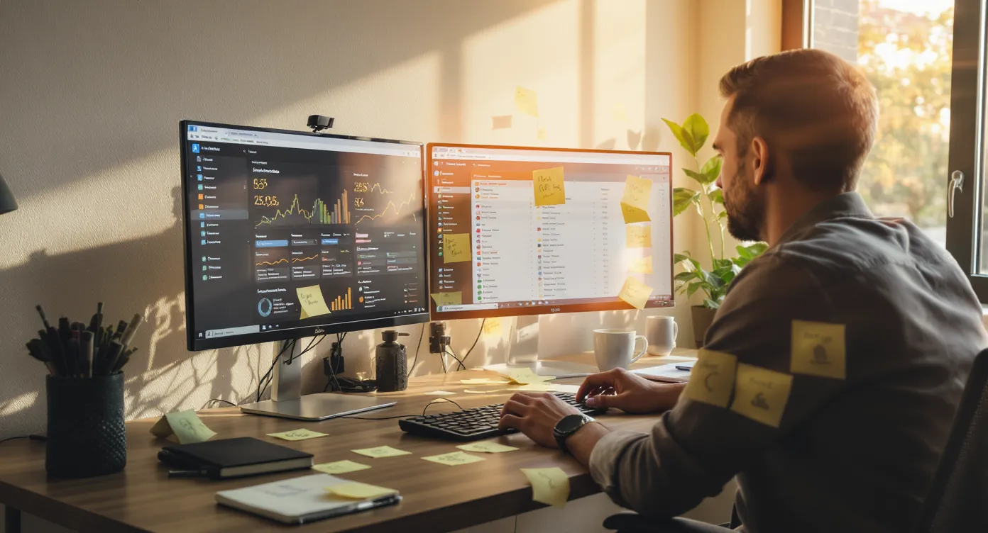 A digital marketer sits at a desk with two monitors displaying an affiliate dashboard showing clicks, conversions, and earnings while sticky notes list content ideas; morning light filters through a window, emphasizing a productive workspace.
