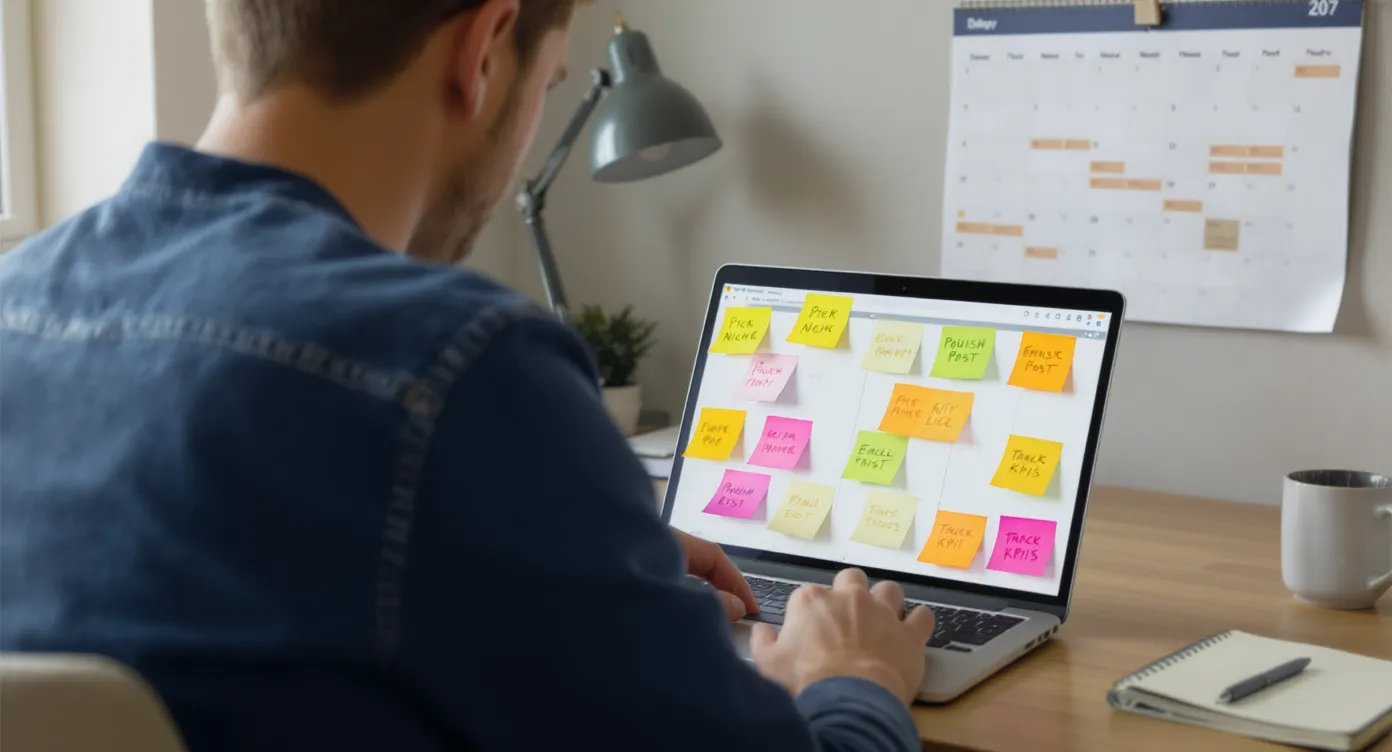 A person sits at a laptop covered with colorful sticky notes that read “Pick Niche”, “Publish Post”, “Email List”, and “Track KPIs”, while a calendar on the wall shows a 30-day timeline with milestones checked off.