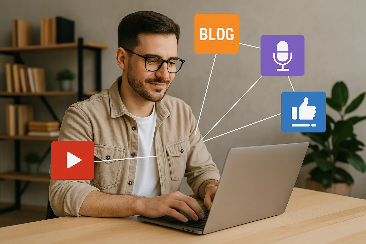 A creator sits at a laptop surrounded by floating icons representing video, blog, podcast, and social media platforms, illustrating a multichannel affiliate marketing workflow.