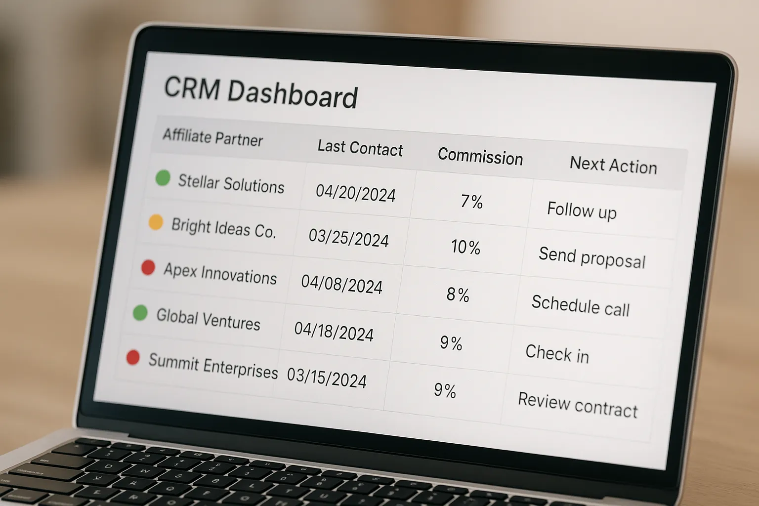 Illustration of a CRM dashboard displaying affiliate partner names, last contact date, commission rate, and next action reminder, with color-coded status flags.