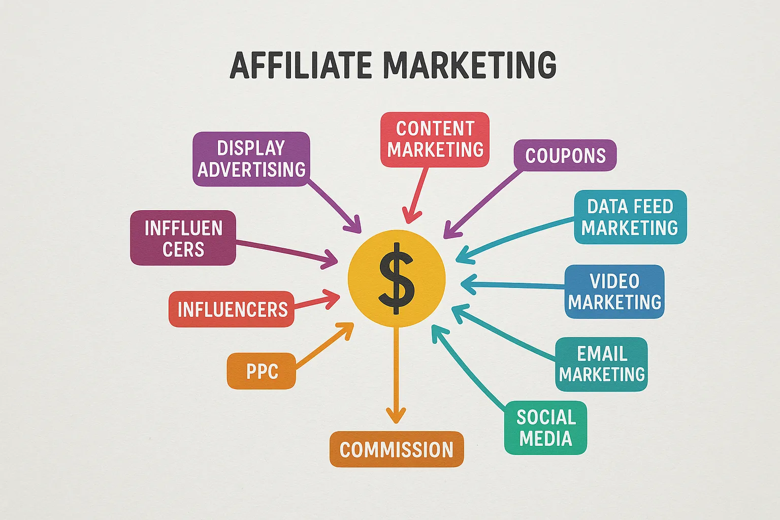 Colorful flowchart showing nine affiliate marketing methods branching from a central dollar sign icon, illustrating traffic paths to commission payouts.