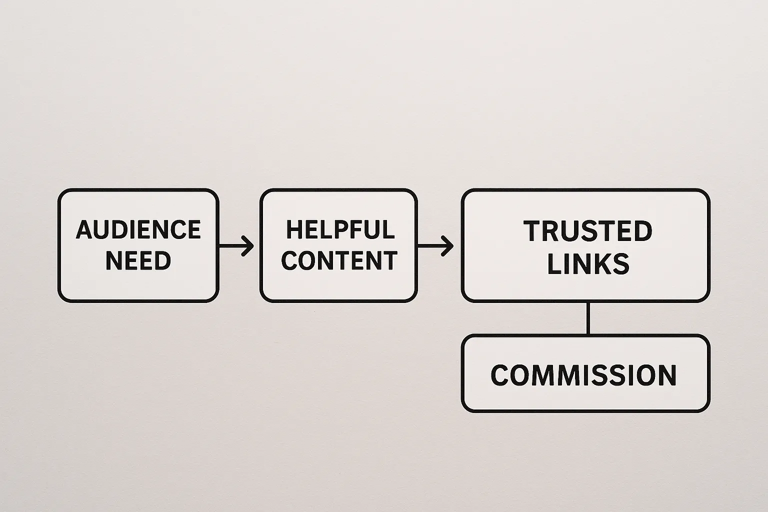 A simple flow diagram shows four boxes connected in order: “Audience Need → Helpful Content → Trusted Links → Commission”.