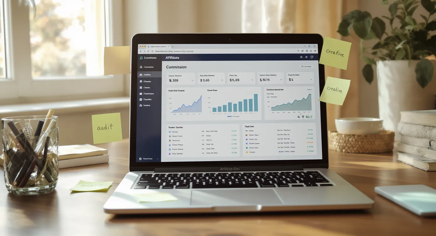 A laptop on a wooden desk displays an affiliate dashboard with graphs and commission data, while sticky notes listing “audit”, “recruitment”, and “creative” are arranged around the screen. Sunlight enters through a nearby window, suggesting a productive home-office scene.