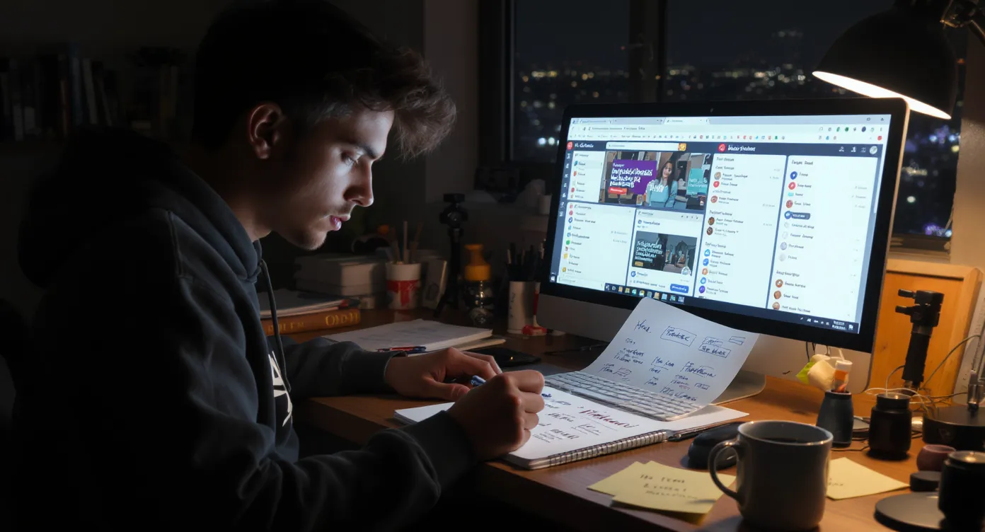 Young creator sitting at a laptop late at night, sketching a weekend action plan on a notepad while multiple tabs show affiliate dashboards, social media schedulers, and a drag-and-drop website builder. Coffee mug, phone tripod, and checklist sticky notes are on the desk.