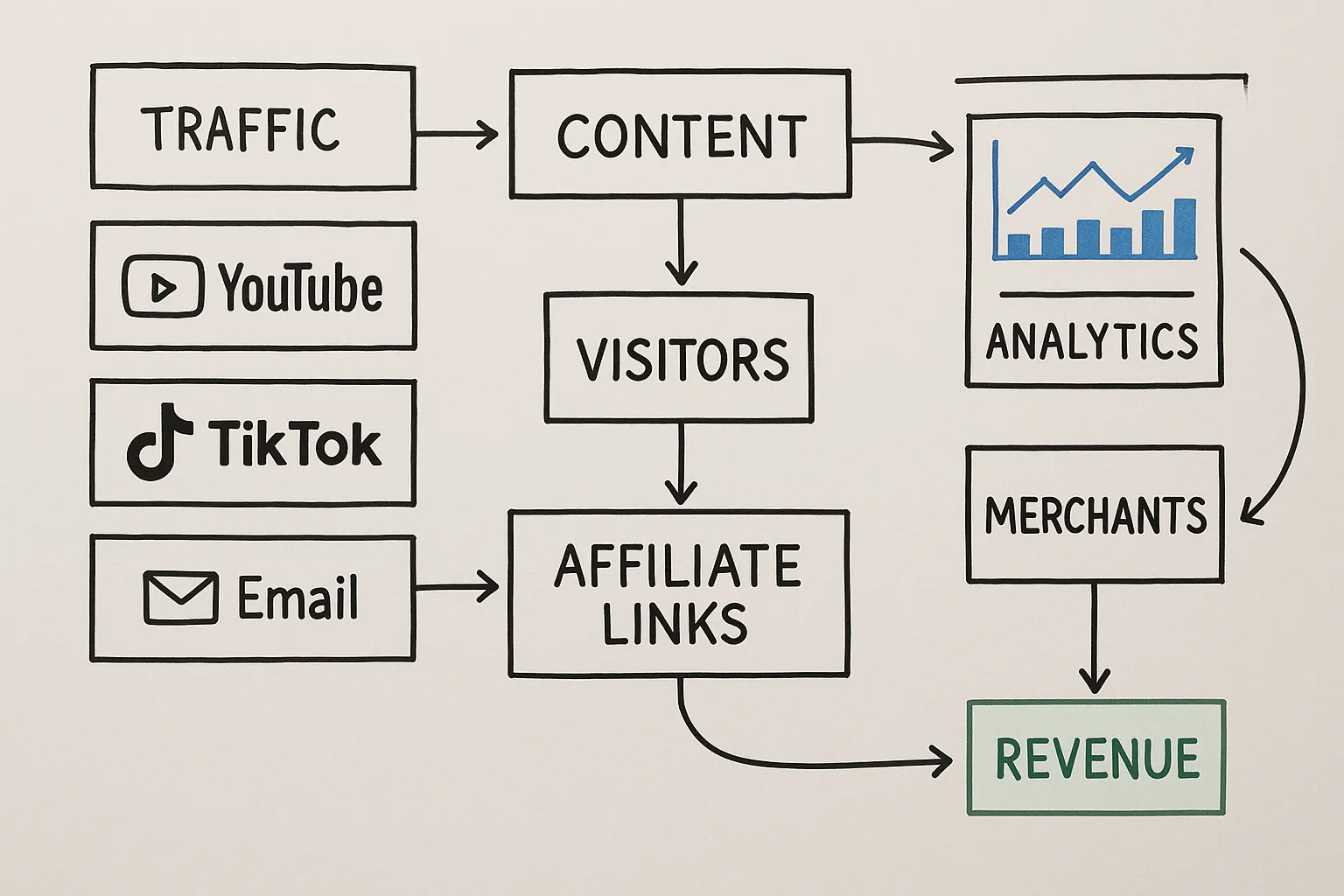 Simple flow diagram showing traffic sources (SEO, YouTube, TikTok, Email) feeding into content assets that send visitors through affiliate links to merchants, with revenue data looping back to analytics dashboards.